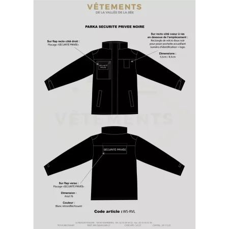 Parka long SÉCURITÉ PRIVÉE avec velcro doux - Noir Parka long SÉCURITÉ PRIVÉE avec velcro doux - Noir