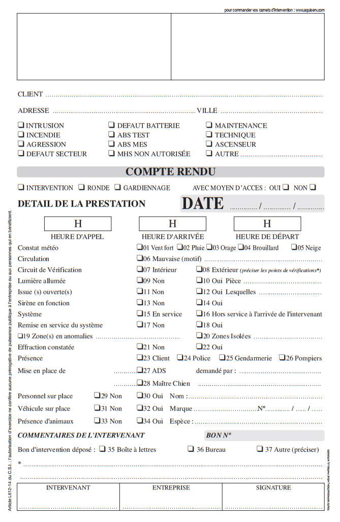 Carnet de bons d'interventions neutre